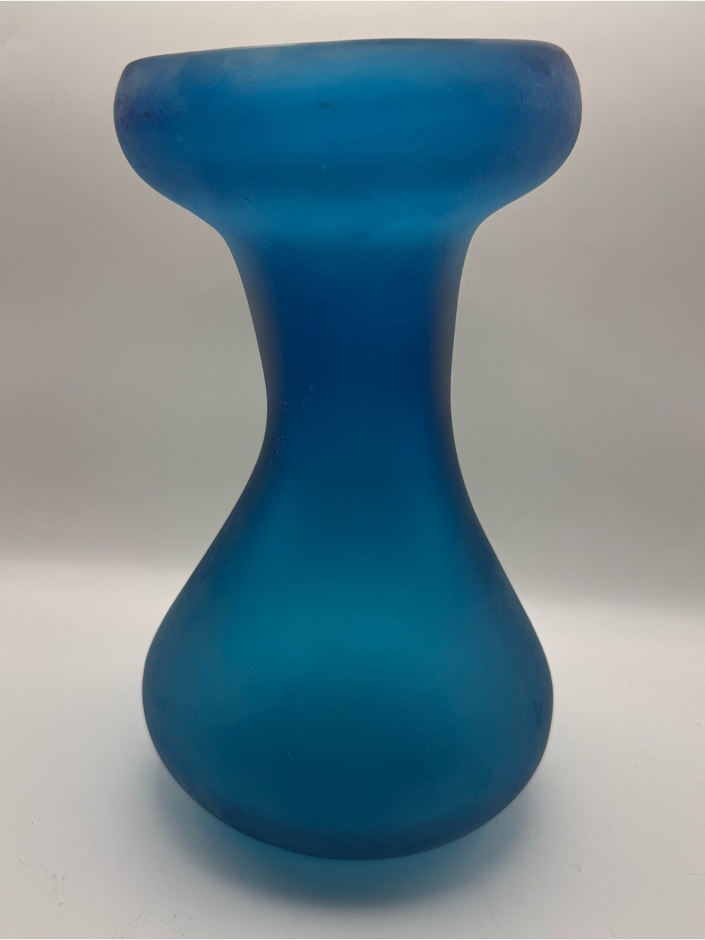 Vintage Frosted Turquoise Blue Art Glass Vase Hand Blown Abstract Form MCM 9"